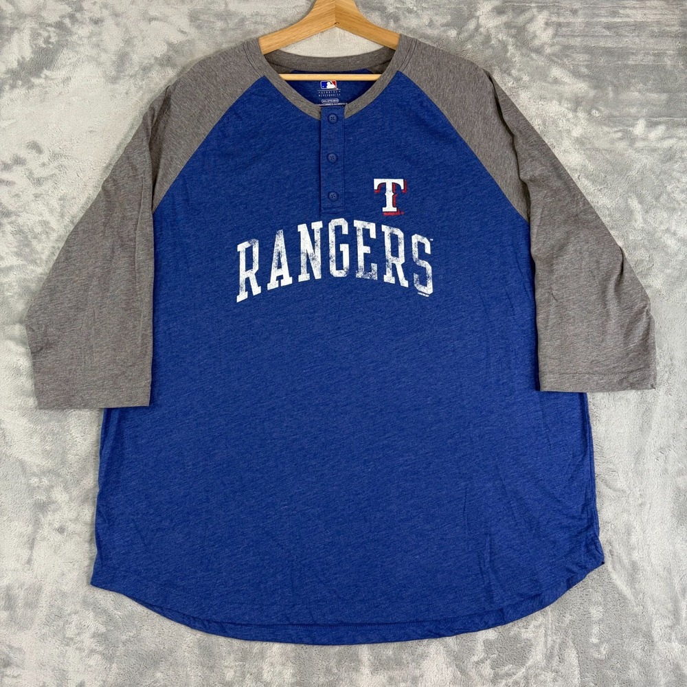 Texas Rangers MLB Mens 2XL Raglan Henley Blue Gray Shirt NWOT